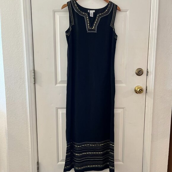 Carol Little Woman's Black Embroidered Bohemian Linen Maxi Dress Sz 10 - Picture 1 of 11